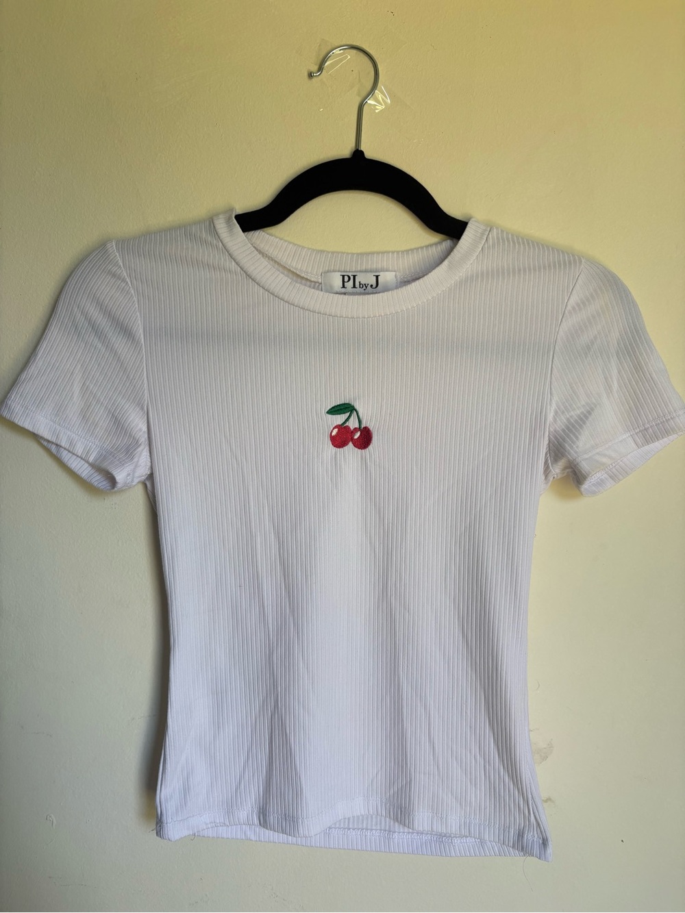 White Ribbed Cherry Embroidered Short Sleeve Tee